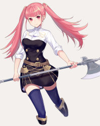 Rule 34 | 1girl, axe, belt, blue thighhighs, breasts, closed mouth, fire emblem, fire emblem: three houses, garreg mach monastery uniform, grey background, haru (nakajou-28), highres, hilda valentine goneril, holding, holding axe, long hair, medium breasts, nintendo, pink eyes, pink hair, simple background, solo, thighhighs, thighs, twintails, uniform, zettai ryouiki
