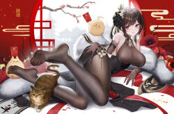 Rule 34 | 1girl, ^ ^, ahoge, azur lane, bare shoulders, black dress, black flower, black pantyhose, black rose, bodystocking, bodysuit, brown hair, cat, chen hai (azur lane), chen hai (vestibule of wonders) (azur lane), china dress, chinese clothes, chinese new year, closed eyes, dress, elbow gloves, feather boa, feet, fh moya, flower, gloves, hair ornament, hand on own hip, lace, lace-trimmed gloves, lace trim, lying, manjuu (azur lane), no shoes, official alternate costume, on side, pantyhose, pelvic curtain, rose, sleeveless, sleeveless bodysuit, soles, taut clothes, taut dress, tight clothes, tight dress