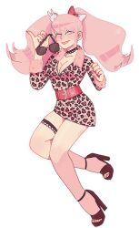 Rule 34 | 1girl, animal print, belt, blonde hair, bow, breasts, brown belt, choker, cleavage, danganronpa: trigger happy havoc, danganronpa (series), danganronpa 3 (anime), enoshima junko, grin, hair ornament, high heels, highres, leopard print, medium breasts, rabbit hair ornament, red nails, simple background, smile, sparkle, sunglasses, twintails