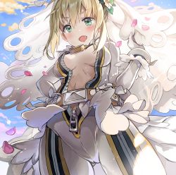 Rule 34 | 10s, 1girl, belt, blonde hair, blush, bodysuit, breasts, bridal veil, cowboy shot, day, fang, fate/extra, fate/extra ccc, fate (series), from below, gloves, green eyes, groin, hair between eyes, long sleeves, looking at viewer, looking down, medium breasts, nero claudius (bride) (fate), nero claudius (fate), nero claudius (fate) (all), open mouth, outdoors, petals, saya (mychristian2), showgirl skirt, sidelocks, smile, solo, unzipped, veil, white gloves, zipper