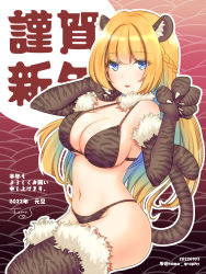 Rule 34 | 1girl, animal ear fluff, animal ears, animal print, bikini, blonde hair, blue eyes, blush, braid, breasts, chinese zodiac, cleavage, commentary request, cowboy shot, dated, french braid, fur-trimmed gloves, fur-trimmed thighhighs, fur trim, gloves, highres, large breasts, long hair, looking at viewer, navel, open mouth, original, print bikini, print gloves, print thighhighs, smile, solo, swimsuit, tail, thighhighs, tiger ears, tiger girl, tiger print, tiger tail, tomo-graphy, twitter username, year of the tiger