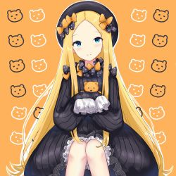 Rule 34 | 1girl, abigail williams (fate), black bow, black dress, black hat, blonde hair, bloomers, blue eyes, blush, bow, brown background, bug, butterfly, closed mouth, commentary request, dress, fate/grand order, fate (series), forehead, hair bow, hat, head tilt, hugging object, insect, long hair, long sleeves, looking at viewer, orange bow, parted bangs, polka dot, polka dot bow, rocm (nkkf3785), sleeves past fingers, sleeves past wrists, smile, solo, stuffed animal, stuffed toy, teddy bear, underwear, very long hair, white bloomers