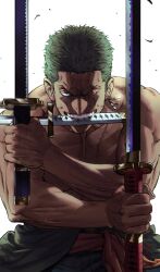 Rule 34 | 1boy, an kyoung, clothes down, cowboy shot, earrings, fighting stance, glint, green hair, grin, highres, holding, jewelry, katana, looking at viewer, male focus, muscular, muscular male, one piece, pectorals, roronoa zoro, scar, scar across eye, serious, short hair, single earring, smile, solo, sword, topless male, triple wielding, veiny face, weapon