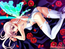 Rule 34 | 1girl, 2006, ass, back, boots, braid, camellia, fairy, flower, galge.com, glowing, hamashima shigeo, high heels, long hair, looking back, lying, on stomach, petals, pointy ears, red eyes, shoes, side braid, skindentation, smile, solo, thigh boots, thighhighs, wallpaper, watermark, white hair, white thighhighs, wings