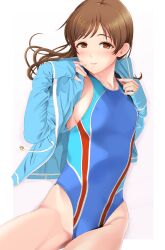 Rule 34 | 1girl, blue jacket, blue one-piece swimsuit, breasts, brown eyes, brown hair, competition swimsuit, highleg, highleg swimsuit, highres, idolmaster, idolmaster cinderella girls, jacket, kasumi seiki, long hair, medium breasts, multicolored clothes, multicolored swimsuit, nitta minami, one-piece swimsuit, sideboob, simple background, sitting, solo, swimsuit, twisted torso, white background