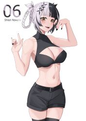 Rule 34 | 1girl, absurdres, armpits, belt, black belt, black hair, black nails, black shorts, black thighhighs, braid, breasts, cleavage, covered collarbone, crop top, fangs, grey hair, hair ornament, highres, hololive, hololive english, kuon bb, large breasts, multicolored hair, navel, parted lips, shiori novella, short hair, shorts, solo, streaked hair, thighhighs, two-tone hair, virtual youtuber, yellow eyes