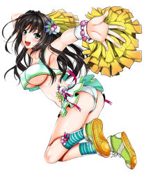 Rule 34 | 1girl, :d, arched back, armpits, arms up, ass, black hair, blue eyes, blush, bracelet, breasts, cheerleader, cleavage, covered erect nipples, crop top, crop top overhang, flower, foreshortening, full body, green footwear, green skirt, hair flower, hair ornament, jewelry, kojima saya, large breasts, long hair, looking at viewer, microskirt, no bra, open mouth, original, panties, pom pom (cheerleading), shoes, simple background, skirt, smile, socks, solo, strap slip, striped clothes, striped legwear, striped panties, striped socks, underboob, underwear, wardrobe malfunction, white background, wristband