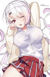 Rule 34 | 1girl, arm up, blush, breasts, cardigan, collared shirt, commentary request, dated, dress shirt, drooling, hair between eyes, hair ornament, hairclip, hand up, highres, hirota fruit, long hair, long sleeves, looking at viewer, medium breasts, nijisanji, one eye closed, open cardigan, open clothes, open mouth, open skirt, pleated skirt, red eyes, red skirt, saliva, shiina yuika, shiina yuika (1st costume), shirt, silver hair, simple background, skirt, sleeves past wrists, solo, twitter username, very long hair, virtual youtuber, white background, white shirt