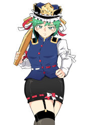 Rule 34 | 1girl, black skirt, black thighhighs, blue vest, bright pupils, closed mouth, epaulettes, frilled hat, frills, green eyes, green hair, hat, highres, holding, looking at viewer, ribbon-trimmed skirt, ribbon trim, rod of remorse, sakamoto fred, shiki eiki, short hair, simple background, skirt, solo, thigh strap, thighhighs, touhou, vest, white background, white pupils