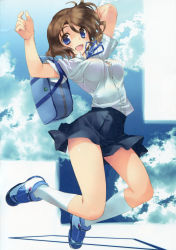 Rule 34 | 1girl, :d, absurdres, amazuyu tatsuki, arms up, bag, blue eyes, breasts, brown hair, highres, image sample, jumping, large breasts, open clothes, open mouth, open shirt, ribbon, school bag, school uniform, shirt, shoes, short hair, skirt, smile, sneakers, socks, solo