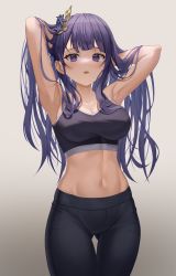 Rule 34 | 1girl, alternate costume, alternate hairstyle, armpits, arms behind head, arms up, bare arms, black pants, blush, breasts, cleavage, collarbone, cowboy shot, dot nose, flower, genshin impact, gluteal fold, gradient background, grey background, hair flower, hair ornament, high-waist pants, highres, large breasts, long hair, looking at viewer, monmo mu, navel, pants, parted lips, purple eyes, purple hair, raiden shogun, simple background, solo, sports bra, standing, stomach, thigh gap, workout clothes, yoga pants