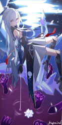 Rule 34 | 1girl, absurdres, bare shoulders, black footwear, black gloves, blue sleeves, breasts, commentary, cup, detached sleeves, flower, ghost hands, gloves, hapwind, high ponytail, highres, holding, holding cup, holding sword, holding weapon, honkai: star rail, honkai (series), jingliu (honkai: star rail), long hair, looking to the side, lying, on back, petals, ponytail, red eyes, skirt, solo, sword, water, weapon, white flower, white hair, white skirt