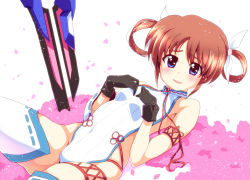Rule 34 | 1girl, azumaya hironaru, bare shoulders, black gloves, blue eyes, blush, bow, breasts, brown hair, cherry blossoms, covered navel, gloves, groin, hair bow, hair ornament, looking at viewer, lying, lyrical nanoha, mahou shoujo lyrical nanoha, mahou shoujo lyrical nanoha a&#039;s, on back, open mouth, pink background, raising heart, raising heart estrea, revealing clothes, short hair, short twintails, simple background, small breasts, smile, solo, sword, takamachi nanoha, thighhighs, twintails, weapon, white thighhighs
