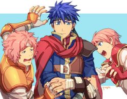 Rule 34 | 1girl, 2boys, angry, arm up, armor, bad id, bad twitter id, bandaged arm, bandages, black headband, blue background, blue eyes, blue hair, brother and sister, cape, closed mouth, crossed arms, eye contact, fingerless gloves, fire emblem, fire emblem: path of radiance, gloves, hair between eyes, headband, ike (fire emblem), knight, looking at another, makalov (fire emblem), marcia (fire emblem), matching hair/eyes, multiple boys, nervous, nintendo, open mouth, orange armor, pauldrons, pegasus knight uniform (fire emblem), pink hair, red armor, red cape, red gloves, red tiara, round teeth, sandwiched, scared, serious, shoulder armor, shouting, siblings, simple background, sweat, teeth, tiara, upper body, white headband