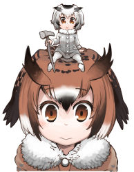 Rule 34 | 10s, 2girls, black hair, brown eyes, brown hair, eurasian eagle owl (kemono friends), fur collar, hareyamaharezou, highres, kemono friends, looking at viewer, multicolored hair, multiple girls, northern white-faced owl (kemono friends), on head, open mouth, person on head, silver hair, simple background, sitting, staff, white background
