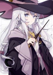 Rule 34 | 1girl, braid, captain yue, coat, elaina (majo no tabitabi), eyebrows hidden by hair, french braid, hat, highres, holding, holding wand, light purple hair, long hair, majo no tabitabi, pentagram pendant, purple eyes, solo, wand, white background, witch, witch hat