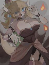 armlet bowsette bracelet breasts collar crown highres hoshoidk jewelry large_breasts mario_(series) new_super_mario_bros._u_deluxe nintendo sharp_teeth spiked_armlet spiked_bracelet spiked_collar spiked_shell spiked_tail spikes super_crown tail teeth turtle_shell