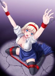 Rule 34 | 1girl, alice margatroid, bad id, bad pixiv id, bdsm, belt, black thighhighs, blonde hair, blue eyes, blush, bondage, bound, breasts, chain, cleavage, collarbone, cuffs, downblouse, dress shirt, female focus, from above, hairband, no bra, open clothes, open mouth, open shirt, shirt, short hair, sitting, solo, spreader bar, sumeragi seisuke, thighhighs, touhou, wariza, zettai ryouiki