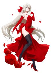 Rule 34 | 1girl, bare shoulders, black thighhighs, bow, breasts, cleavage, collarbone, colored eyepatch, dress, eyepatch, flower, full body, gloves, grey hair, hair bow, hand up, high heels, highres, large bow, large breasts, long hair, looking at viewer, medium breasts, original, petals, red bow, red dress, red flower, red footwear, red rose, rose, scar, scar on arm, scar on chest, scar on shoulders, shiny clothes, shiny skin, simple background, solo, strapless, strapless dress, thighhighs, waka (shark waka), white background