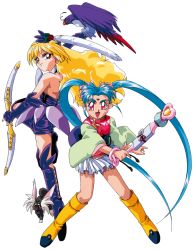 Rule 34 | 1990s (style), 1girl, 2girls, aqua hair, arm up, bird, blonde hair, boots, cabbit, elbow gloves, facial mark, feathers, fingerless gloves, forehead mark, freckles, gloves, holding, holding wand, kawai sasami, knee boots, long hair, long sleeves, looking at viewer, magical girl, mahou shoujo pretty sammy, masaki sasami jurai, miniskirt, multiple girls, obi, official art, open mouth, pink eyes, pixy misa, pleated skirt, pretty sammy (character), red eyes, retro artstyle, ryou-ouki, sash, simple background, skirt, smile, solo, twintails, very long hair, wand, white background, white skirt
