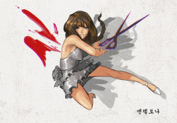 Rule 34 | 1girl, bad id, bad pixiv id, blood, blood splatter, braid, breasts, brown hair, character request, dress, highres, hong doo, impossible clothes, impossible dress, jumping, long hair, oversized object, scissors, single braid, solo