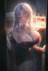 Rule 34 | 1girl, absurdres, backlighting, bare shoulders, breasts, cleavage, closed mouth, collarbone, cowboy shot, dark, dress, heart, heart-shaped pupils, heavy breathing, highres, jewelry, lace, lace-trimmed dress, lace trim, large breasts, long hair, looking at viewer, meoyo, necklace, off shoulder, original, red dress, red eyes, short dress, sleeveless, sleeveless dress, smile, solo, spaghetti strap, strap slip, sweat, symbol-shaped pupils, thighs, white hair, wide sleeves