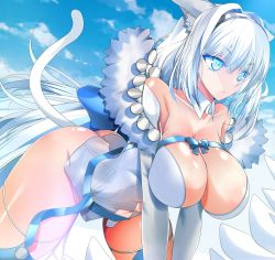 Rule 34 | 1girl, animal ear fluff, animal ears, argyle, argyle clothes, argyle cutout, bare shoulders, blue bow, blue eyes, blue ribbon, blue thighhighs, blush, bow, breasts, cat ears, cat girl, cat tail, cleavage, clothing cutout, detached collar, detached sleeves, dobrynya nikitich (fate), dress, fate/grand order, fate (series), fur trim, hair bow, hairband, highres, large breasts, long hair, low ponytail, navel, ribbon, short dress, solo, tail, thighhighs, thighs, white dress, white hair, yahoo0124