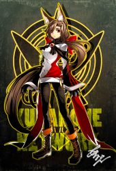 Rule 34 | 1girl, absurdly long hair, adapted costume, alternate hairstyle, animal ears, arikanrobo, black pantyhose, boots, bow, brooch, brown footwear, brown hair, claws, commentary request, cross-laced footwear, full body, hair over one eye, highres, imaizumi kagerou, jacket, jewelry, lace-up boots, long hair, long sleeves, looking at viewer, marker (medium), pantyhose, red bow, red eyes, solo, standing, touhou, traditional media, very long hair, wolf ears