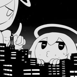 Rule 34 | 1girl, 1other, absurdres, androgynous, angel, angel wings, averting eyes, avogado6, building, caught, city, city lights, fish-shaped pupils, food, food on face, greyscale, halo, hand up, highres, jitome, looking at another, monochrome, new moon, night, no sclera, o3o, original, outdoors, peeking out, pointing, sideways glance, sweatdrop, tower, wings