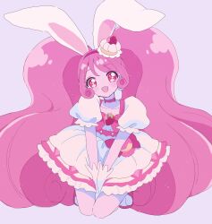 Rule 34 | 1girl, absurdres, animal ears, blush, bow, cake, cake hair ornament, choker, cure whip, dress, earrings, extra ears, eyelashes, food, food-themed hair ornament, food-themed ornament, frills, fruit brooch, gloves, hair ornament, highres, jewelry, kirakira precure a la mode, kneeling, long hair, looking at viewer, magical girl, open mouth, pink choker, pink eyes, pink hair, pom pom (clothes), pom pom earrings, precure, rabbit ears, simple background, smile, solo, strawberry brooch, strawberry shortcake, tapi (pnkt yksb), twintails, usami ichika, white gloves