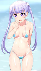 Rule 34 | 1girl, bare arms, bare legs, bare shoulders, bikini, blue bikini, blush, breasts, collarbone, covered erect nipples, cowboy shot, embarrassed, eyebrows, groin, highres, hip focus, legs, long hair, looking at viewer, matching hair/eyes, new game!, open mouth, purple eyes, purple hair, shin&#039;ya (shin&#039;yanchi), shy, simple background, small breasts, solo, standing, suzukaze aoba, swimsuit, thigh gap, thighs, twintails