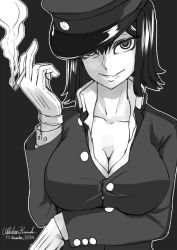 Rule 34 | 10s, 1girl, akitsu maru (kancolle), breast hold, breasts, cigarette, cleavage, collarbone, dated, gloves, greyscale, kantai collection, kirisaki akihito, large breasts, looking at viewer, military, monochrome, short hair, signature, smile, solo, upper body, white gloves