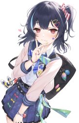 Rule 34 | 1girl, bag, belt, belt buckle, black belt, black hair, blue hair, blue nails, blue sailor collar, blue skirt, bow, brown jacket, brown nails, buckle, closed mouth, commentary request, diagonal-striped bow, green bow, hair ornament, hairclip, hayashi kewi, heart, highres, idolmaster, idolmaster shiny colors, jacket, long hair, morino rinze, multicolored hair, nail polish, one side up, open clothes, open jacket, pleated skirt, red bow, red eyes, red nails, sailor collar, school bag, school uniform, serafuku, shirt, simple background, skirt, smile, solo, streaked hair, v over mouth, white background, white shirt, yellow bow, yellow nails