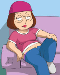 Rule 34 | 1girl, beanie, belly, breasts, brown hair, couch, family guy, glasses, haruyama kazunori, hat, lipstick, makeup, meg griffin, panties, pants, pink panties, plump, shirt, shoes, short hair, small breasts, smile, solo, underwear