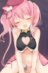 Rule 34 | 1boy, 1girl, bare shoulders, blush, breasts, censored, cleavage, cleavage cutout, closed eyes, clothing cutout, cowgirl position, girl on top, hetero, highres, karasusou nano, large breasts, long hair, open mouth, penis, pink hair, pink headwear, princess connect!, quad tails, sex, straddling, tsumugi (princess connect!), underboob, vaginal