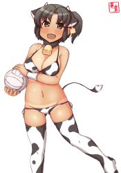 Rule 34 | 1girl, absurdres, alternate costume, animal ears, animal print, artist logo, ball, bell, bikini, bikini tan, black hair, breasts, brown eyes, cleavage, collarbone, commentary request, cow ears, cow horns, cow print, cow tail, cowbell, cowboy shot, dated, ear tag, fake animal ears, fake horns, front-tie top, gluteal fold, highres, holding, holding ball, horns, kanon (kurogane knights), kantai collection, looking at viewer, lowleg, lowleg bikini, medium breasts, nagara (kancolle), one-hour drawing challenge, one side up, playing sports, print bikini, print thighhighs, short hair, side-tie bikini bottom, simple background, solo, standing, swimsuit, tail, tan, tanline, thighhighs, volleyball, volleyball (object), white background, white bikini, white thighhighs