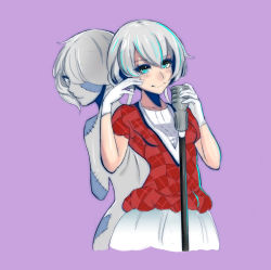 Rule 34 | 10s, blue eyes, gloves, hair between eyes, hair ribbon, idol, jamjamstyle, konno junko, long hair, low twintails, microphone, microphone stand, patchwork skin, red eyes, ribbon, short sleeves, silver hair, stitches, twintails, zombie, zombie land saga