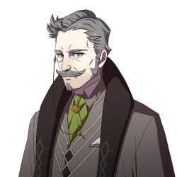 Rule 34 | 1boy, ascot, blue eyes, collared shirt, comb over, facial hair, fire emblem, fire emblem: three houses, formal, goatee, grey hair, hanneman von essar, kurahana chinatsu, looking at viewer, male focus, messy hair, monocle, mustache, nintendo, official art, pin, pointy hair, scarf, shirt, short hair, sideburns, solo, suit, transparent background, upper body, wrinkled skin