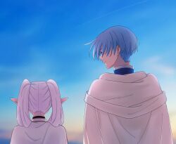 Rule 34 | 1boy, 1girl, blue hair, blue jacket, cape, closed mouth, commentary request, elf, frieren, from behind, himmel (sousou no frieren), jacket, outdoors, pointy ears, rei hinketsu, short hair, sky, smile, sousou no frieren, turtleneck, turtleneck jacket, twintails, upper body, white cape, white hair