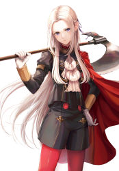 Rule 34 | 1girl, absurdres, aiguillette, axe, black shorts, breasts, cape, csc00014, edelgard von hresvelg, fire emblem, fire emblem: three houses, garreg mach monastery uniform, gloves, hair ribbon, hand on own hip, highres, long hair, long sleeves, looking at viewer, neckerchief, nintendo, over shoulder, pantyhose, parted bangs, purple eyes, red pantyhose, ribbon, shorts, silver hair, simple background, small breasts, solo, weapon, weapon over shoulder, white background, white gloves