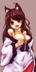 Rule 34 | 1girl, animal ears, blush, breasts, brooch, brown hair, cleavage, collarbone, dress, fang, female focus, grey background, highres, imaizumi kagerou, jewelry, kaabon meshi, large breasts, long hair, long sleeves, looking at viewer, open mouth, red eyes, simple background, solo, touhou, wolf ears
