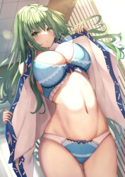 Rule 34 | 1girl, blue bra, blue panties, blurry, blurry background, blush, bra, breasts, commentary request, cowboy shot, frog hair ornament, green eyes, green hair, groin, hair ornament, hair tubes, highres, indoors, japanese clothes, kochiya sanae, large breasts, liya, long hair, navel, nontraditional miko, panties, parted lips, snake hair ornament, solo, touhou, underwear, white sleeves, wide sleeves