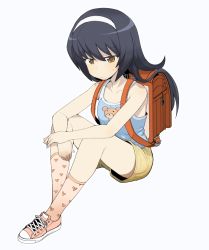 Rule 34 | 10s, 1girl, animal print, backpack, bag, bear print, black hair, blue shirt, brown eyes, brown shorts, camisole, casual, closed mouth, converse, cross-laced footwear, elbows on knees, full body, girls und panzer, hairband, heart, heart print, henyaan (oreizm), long hair, pink footwear, pink socks, print socks, randoseru, reizei mako, shirt, shoes, short shorts, shorts, simple background, sitting, sneakers, socks, solo, sweatdrop, white background, white hairband