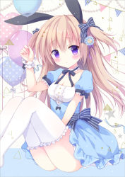 Rule 34 | 1girl, animal ears, arm up, bad id, bad pixiv id, balloon, black ribbon, blue dress, bow, breasts, choker, cleavage, closed mouth, commentary request, dress, frilled choker, frilled cuffs, frilled dress, frilled thighhighs, frills, gem, hair bow, heart balloon, holding, holding balloon, izuminanase, knees up, legs together, light brown hair, long hair, neck ribbon, original, pearl (gemstone), purple eyes, rabbit ears, ribbon, sitting, small breasts, solo, striped, striped bow, thighhighs, thighs, two-tone background, two side up, white thighhighs, wrist cuffs