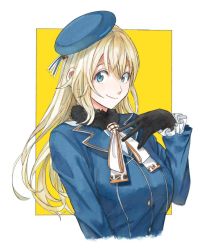Rule 34 | 1girl, atago (kancolle), beret, black gloves, blonde hair, blue eyes, blush, breasts, closed mouth, fur collar, gloves, hair between eyes, hand on own chest, hat, hiro (chumo), kantai collection, large breasts, long hair, long sleeves, looking at viewer, military, military uniform, simple background, smile, solo, uniform, upper body
