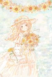 Rule 34 | 1girl, artist name, blue sky, blush, blush stickers, bouquet, day, dress, floating hair, flower, frilled dress, frills, green eyes, hat, hat flower, hat ornament, hat ribbon, highres, holding, holding bouquet, holding flower, leaf, light blue background, light brown hair, medium hair, momochy, original, pastel colors, pink dress, pink skirt, plant, puffy short sleeves, puffy sleeves, rabbit, ribbon, short sleeves, signature, skirt, sky, sky, smile, straw hat, summer, sunflower, too many flowers, wavy hair, white dress, yellow flower