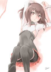 Rule 34 | 10s, 1girl, arms up, bike shorts, black thighhighs, brown eyes, brown hair, flat chest, headband, headgear, highres, kantai collection, knees together feet apart, legs up, long sleeves, looking at viewer, lying, miniskirt, on back, pleated skirt, red skirt, shirt, short hair, skirt, solo, taihou (kancolle), thighhighs, twitter username, white background, white shirt, yoshiki (bpmaxm)
