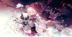 Rule 34 | encore (wuthering waves), bow, cake, cake slice, candy, cupcake, food, hair bow, highres, horns, looking at viewer, low twintails, pink eyes, pink hair, pudding, rabbit, ribbon, satonishi, sheep, smile, sweets, twintails, wuthering waves