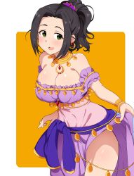 Rule 34 | 1girl, absurdres, arabian clothes, black hair, blush, body chain, bracelet, breasts, cleavage, clothes lift, commentary, dress, dress lift, earrings, ebihara naho, green eyes, hair ornament, hair scrunchie, harem outfit, highres, hoop earrings, idolmaster, idolmaster cinderella girls, jewelry, large breasts, leaning forward, lifting own clothes, light blush, looking at viewer, medium hair, navel, neck ring, open mouth, orange background, outside border, ponytail, purple dress, purple scrunchie, rounded corners, scrunchie, see-through, seihekiog, side slit, smile, solo, standing, upper body