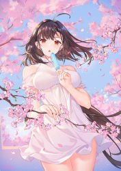 Rule 34 | 1girl, :o, ahoge, anchor hair ornament, artist name, atdan, azur lane, bare shoulders, blue sky, blush, breasts, brown hair, cherry blossoms, collarbone, commentary, cowboy shot, day, dress, earrings, food, hair intakes, hair ornament, highres, holding, holding food, independence (azur lane), jewelry, large breasts, light particles, long hair, looking at viewer, low ponytail, mole, mole on thigh, off shoulder, open mouth, outdoors, petals, popsicle, red eyes, short sleeves, sidelocks, sky, slit pupils, solo, standing, thighs, tree, very long hair, white dress